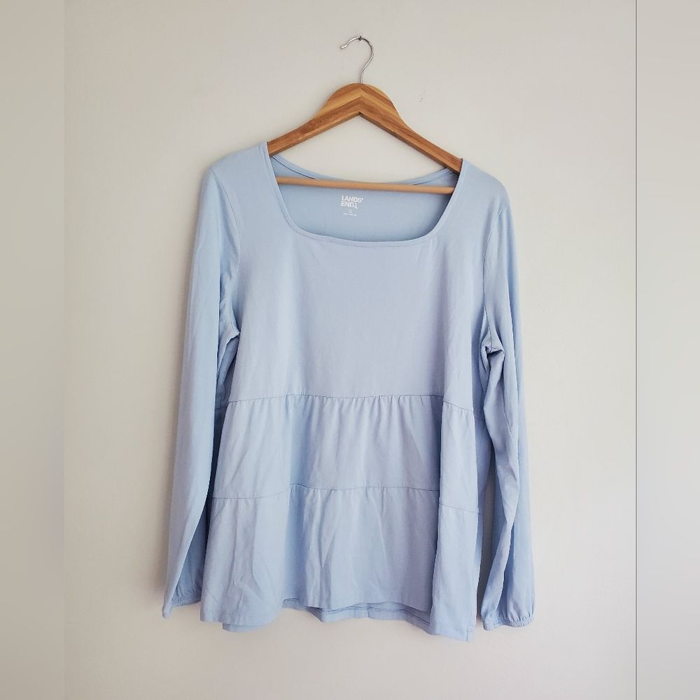 Lands' End Women's long sleeve light weight jersey square neck tiered top large